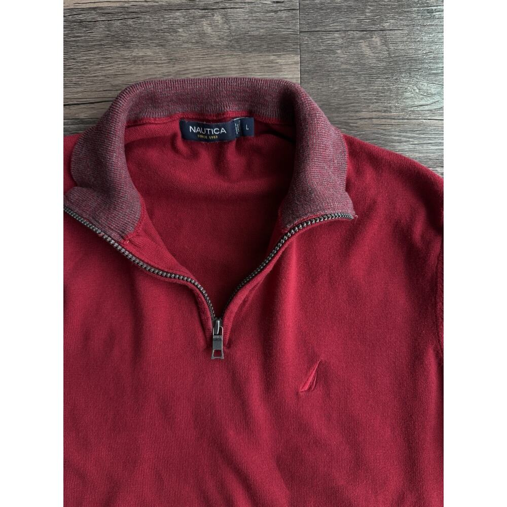 Nautica Men’s Quarter-Zip Sweater Red Size Large Cotton Pullover Knit